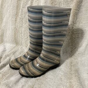 UGG Women's Blue/Gray/White Striped Shaye Serape Tall Rain Boots - SZ 7